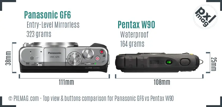 Panasonic GF6 vs Pentax W90 top view buttons comparison