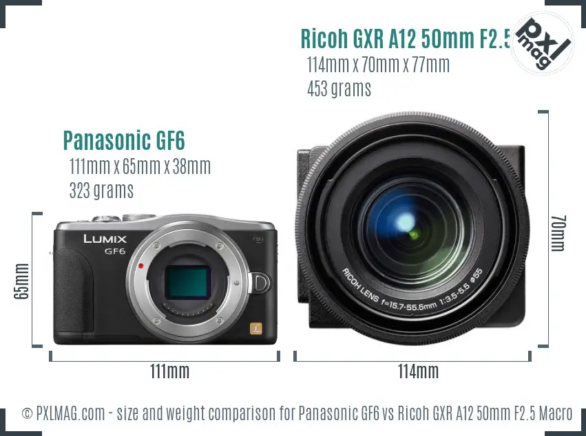 Panasonic GF6 vs Ricoh GXR A12 50mm F2.5 Macro size comparison