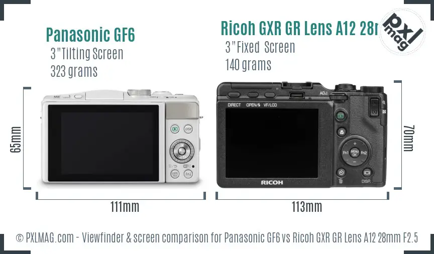 Panasonic GF6 vs Ricoh GXR GR Lens A12 28mm F2.5 Screen and Viewfinder comparison