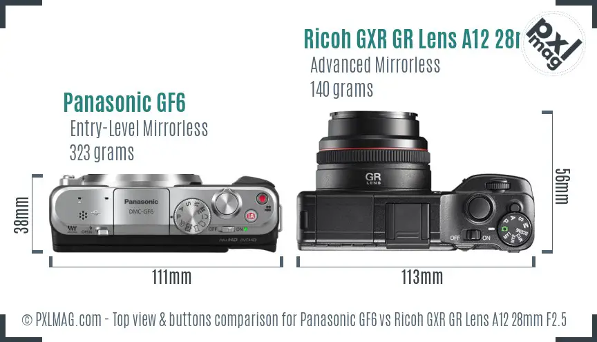 Panasonic GF6 vs Ricoh GXR GR Lens A12 28mm F2.5 top view buttons comparison