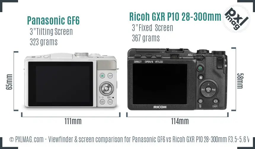 Panasonic GF6 vs Ricoh GXR P10 28-300mm F3.5-5.6 VC Screen and Viewfinder comparison