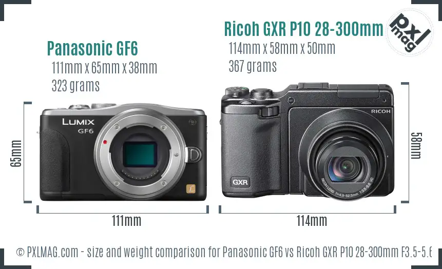 Panasonic GF6 vs Ricoh GXR P10 28-300mm F3.5-5.6 VC size comparison