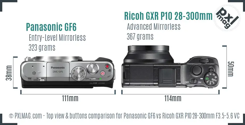 Panasonic GF6 vs Ricoh GXR P10 28-300mm F3.5-5.6 VC top view buttons comparison