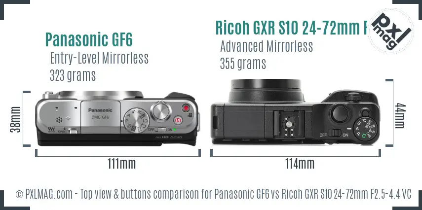 Panasonic GF6 vs Ricoh GXR S10 24-72mm F2.5-4.4 VC top view buttons comparison