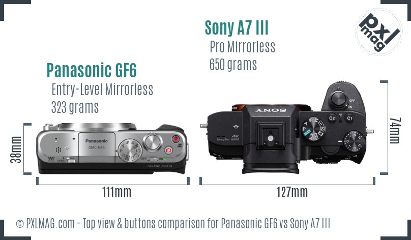Panasonic GF6 vs Sony A7 III top view buttons comparison