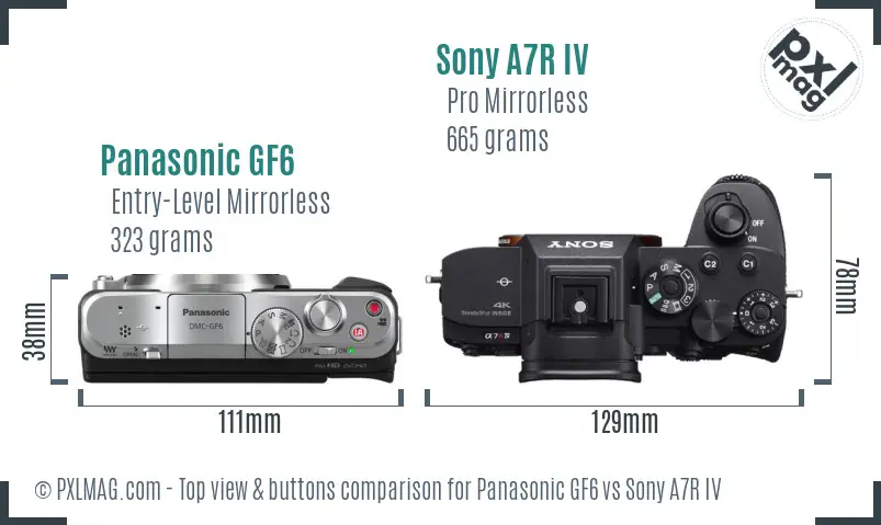 Panasonic GF6 vs Sony A7R IV top view buttons comparison