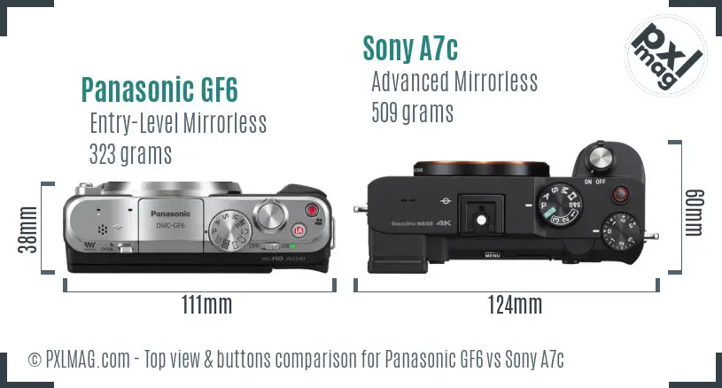 Panasonic GF6 vs Sony A7c top view buttons comparison Panasonic GF6 vs Sony A7c top view buttons comparison