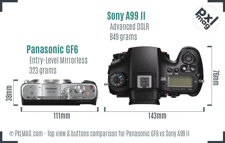 Panasonic GF6 vs Sony A99 II top view buttons comparison
