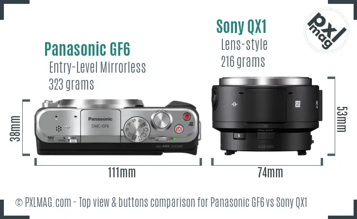 Panasonic GF6 vs Sony QX1 top view buttons comparison Panasonic GF6 vs Sony QX1 top view buttons comparison
