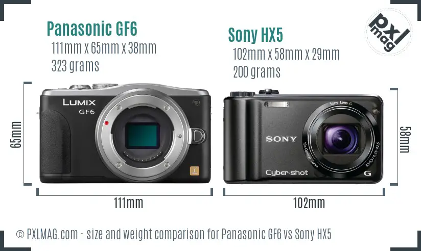 Panasonic GF6 vs Sony HX5 size comparison