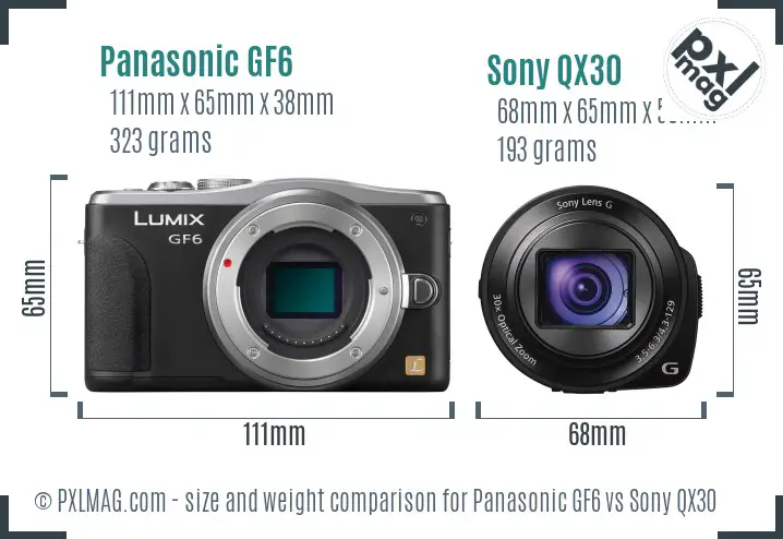 Panasonic GF6 vs Sony QX30 size comparison