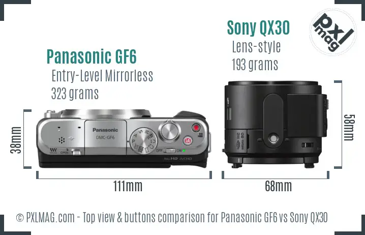 Panasonic GF6 vs Sony QX30 top view buttons comparison