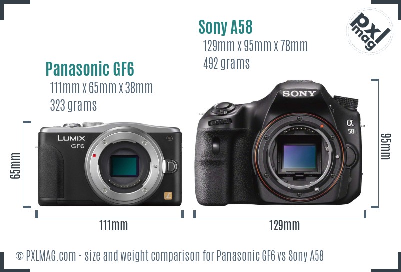 Panasonic GF6 vs Sony A58 size comparison