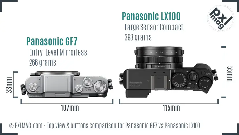 Panasonic GF7 vs Panasonic LX100 top view buttons comparison