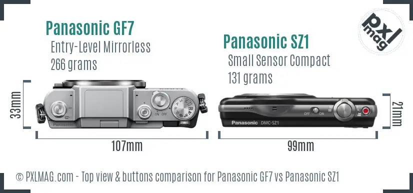 Panasonic GF7 vs Panasonic SZ1 top view buttons comparison