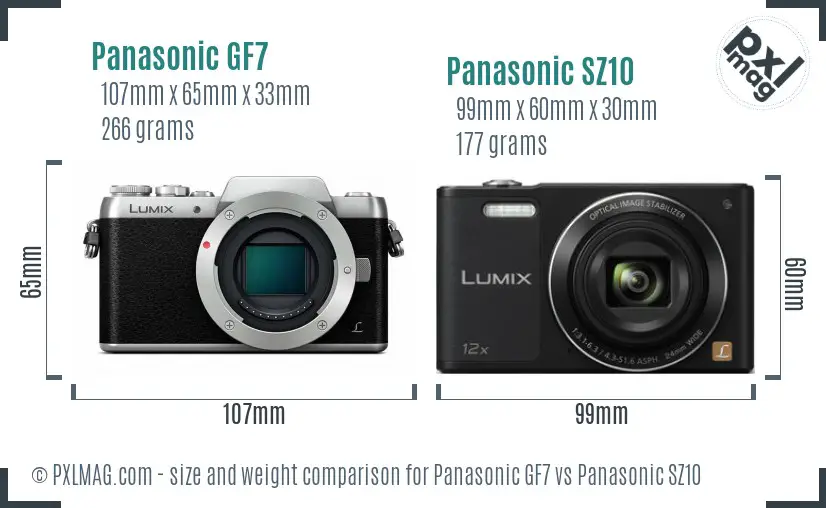 Panasonic GF7 vs Panasonic SZ10 size comparison