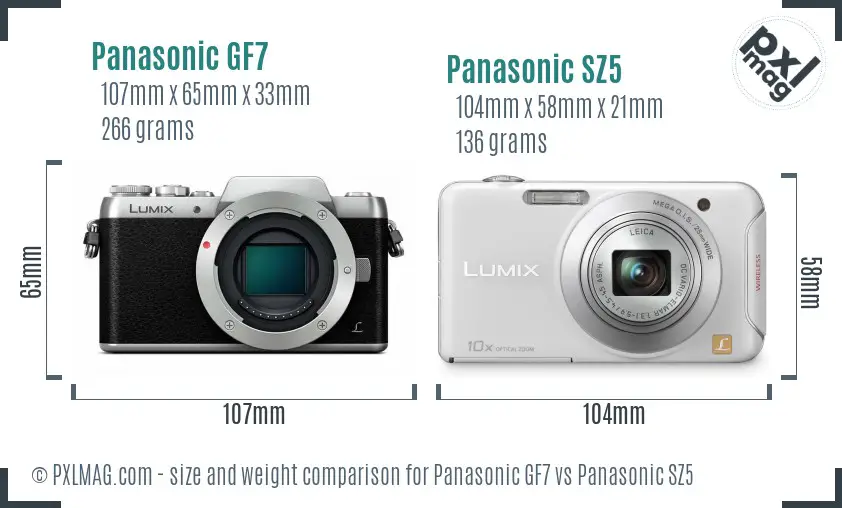 Panasonic GF7 vs Panasonic SZ5 size comparison