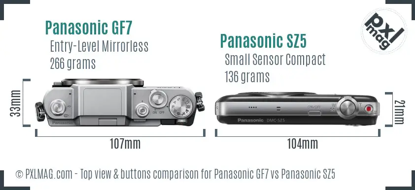 Panasonic GF7 vs Panasonic SZ5 top view buttons comparison