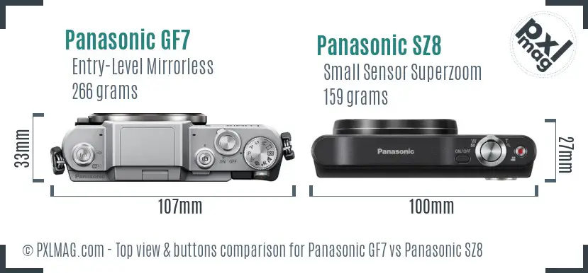 Panasonic GF7 vs Panasonic SZ8 top view buttons comparison