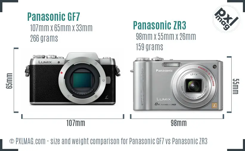 Panasonic GF7 vs Panasonic ZR3 size comparison