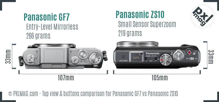 Panasonic GF7 vs Panasonic ZS10 top view buttons comparison