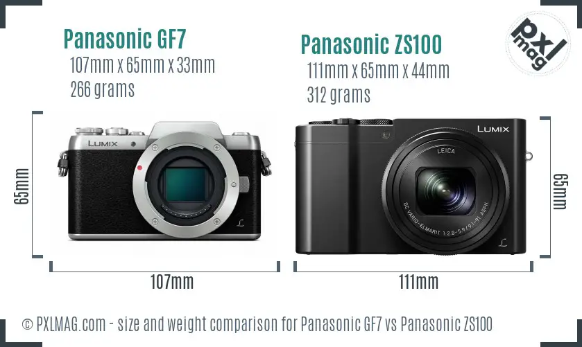 Panasonic GF7 vs Panasonic ZS100 size comparison