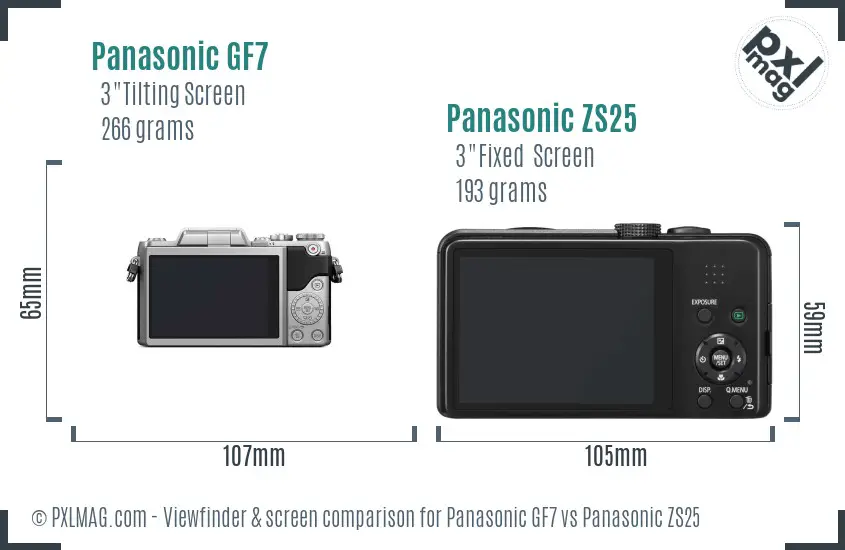 Panasonic GF7 vs Panasonic ZS25 Screen and Viewfinder comparison