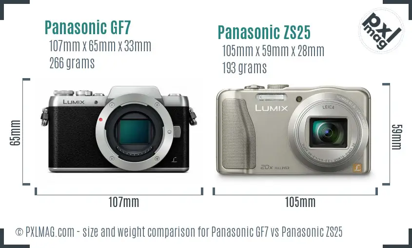 Panasonic GF7 vs Panasonic ZS25 size comparison