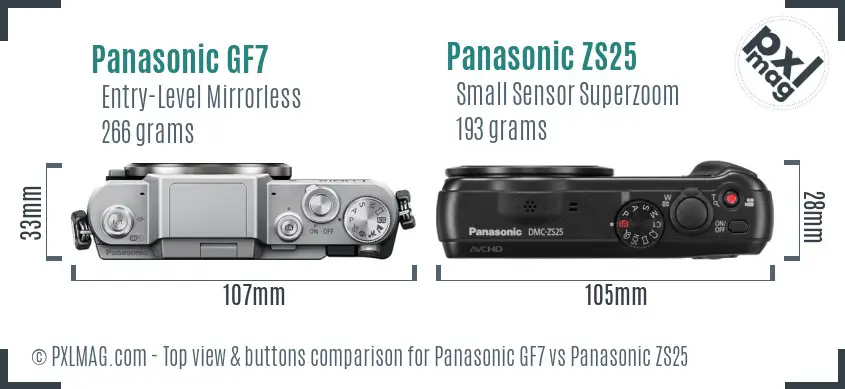 Panasonic GF7 vs Panasonic ZS25 top view buttons comparison