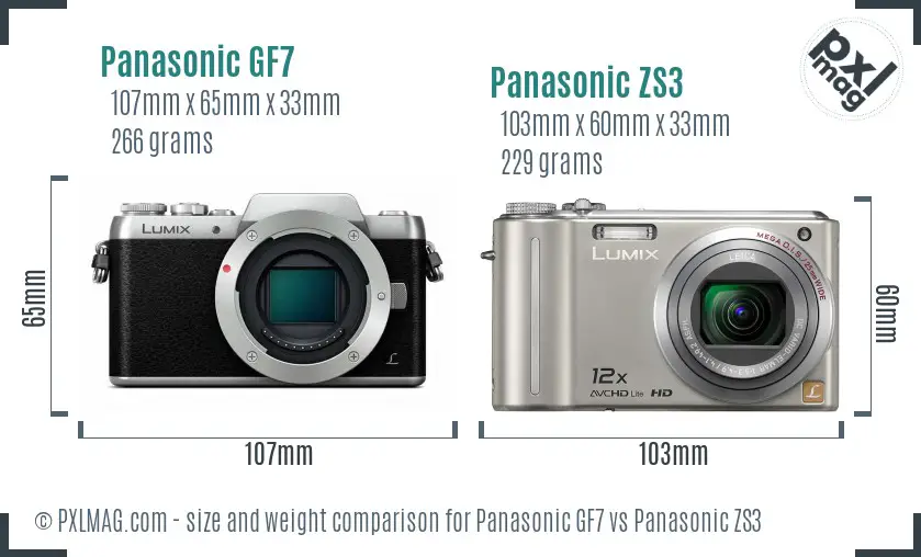 Panasonic GF7 vs Panasonic ZS3 size comparison