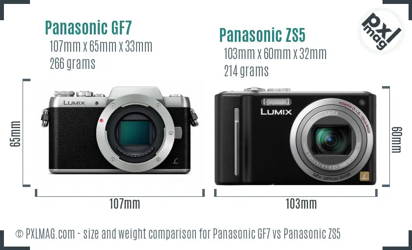 Panasonic GF7 vs Panasonic ZS5 size comparison