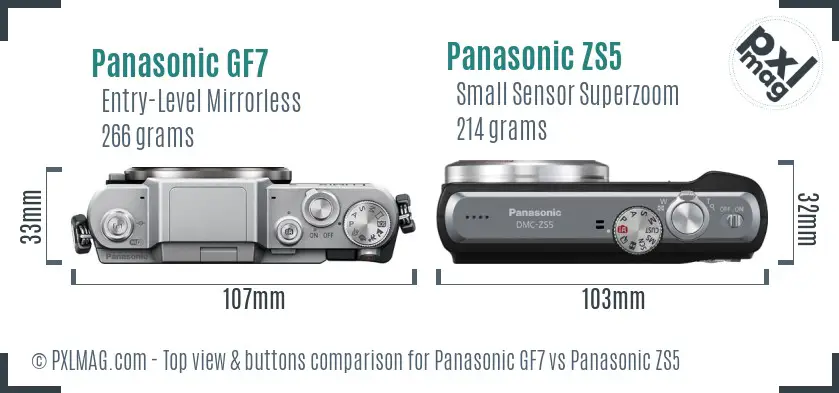 Panasonic GF7 vs Panasonic ZS5 top view buttons comparison