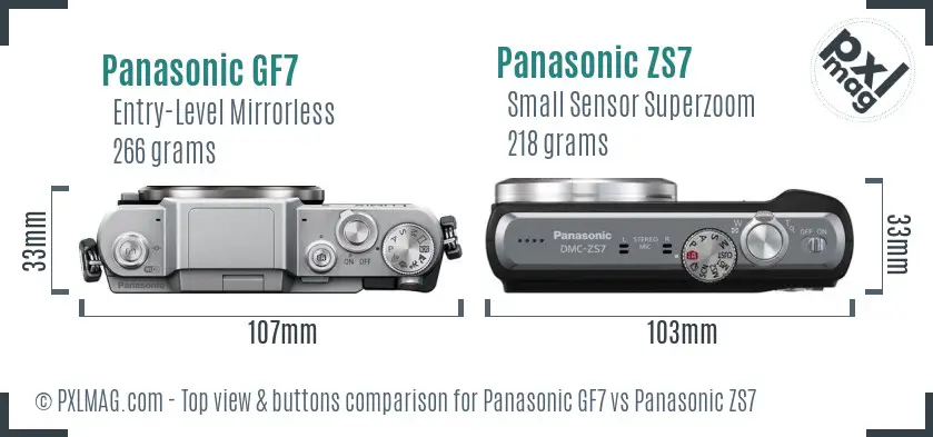 Panasonic GF7 vs Panasonic ZS7 top view buttons comparison