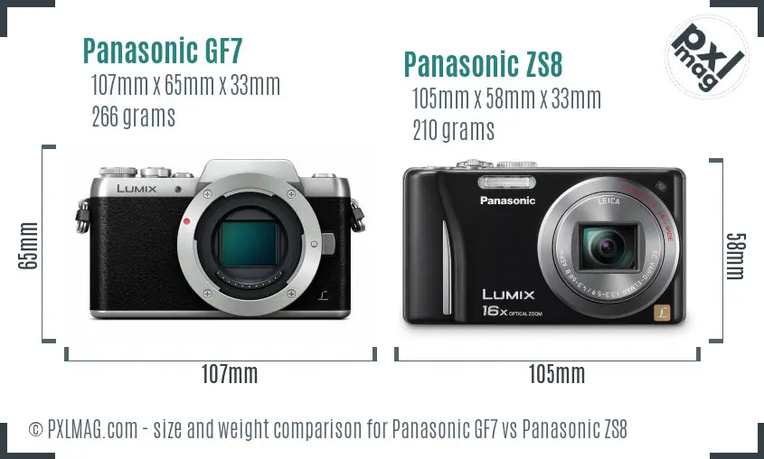 Panasonic GF7 vs Panasonic ZS8 size comparison