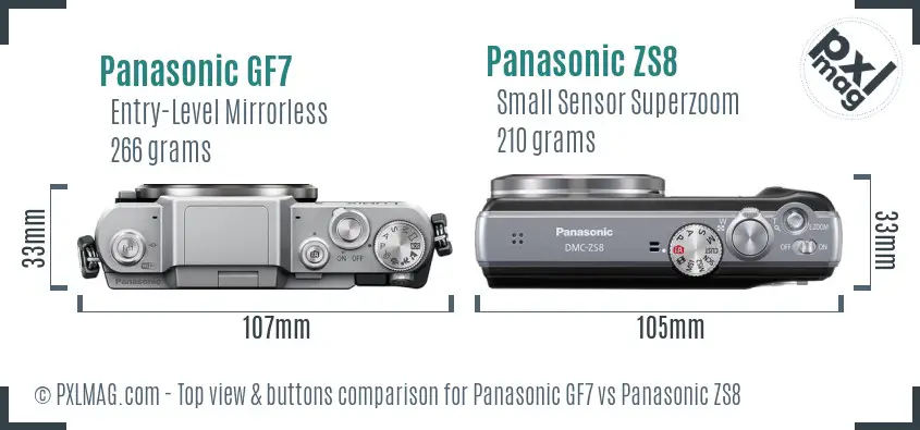 Panasonic GF7 vs Panasonic ZS8 top view buttons comparison