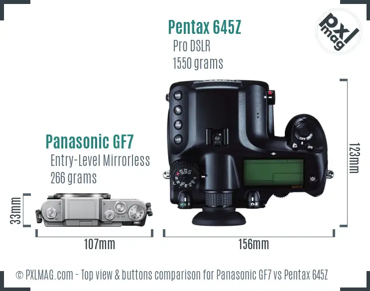 Panasonic GF7 vs Pentax 645Z top view buttons comparison
