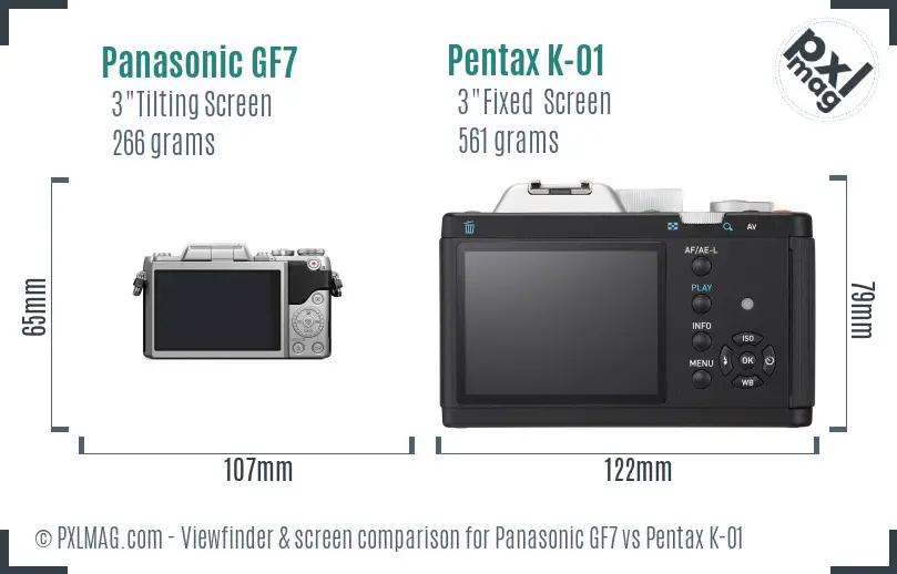 Panasonic GF7 vs Pentax K-01 Screen and Viewfinder comparison