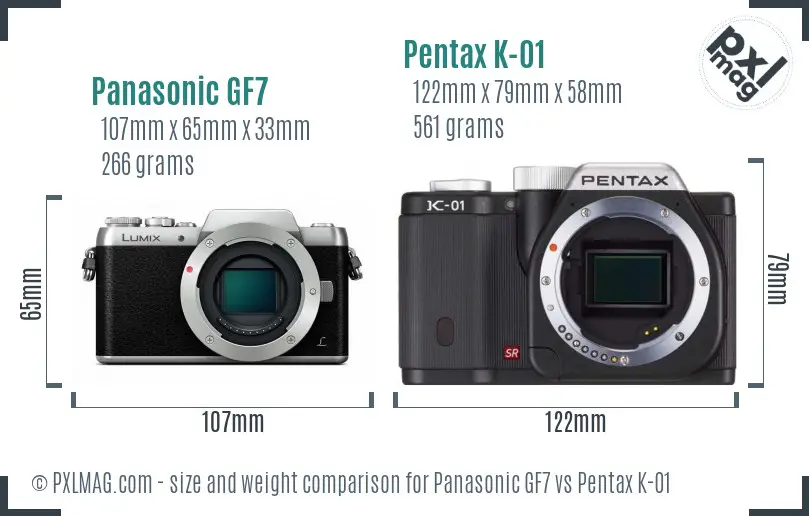 Panasonic GF7 vs Pentax K-01 size comparison