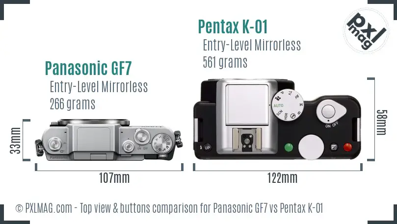 Panasonic GF7 vs Pentax K-01 top view buttons comparison