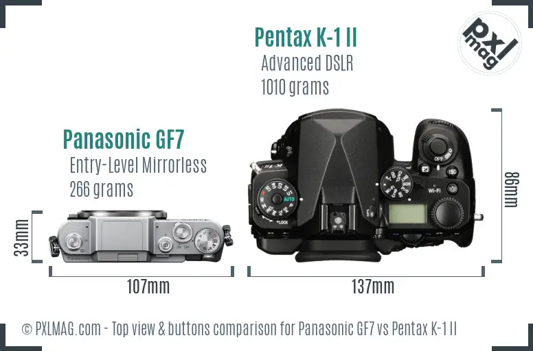 Panasonic GF7 vs Pentax K-1 II top view buttons comparison