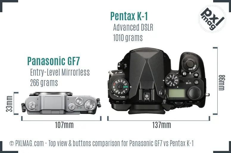 Panasonic GF7 vs Pentax K-1 top view buttons comparison