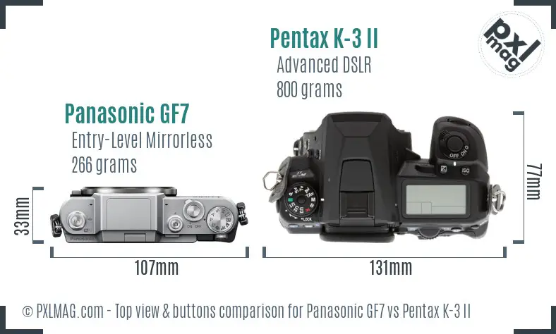 Panasonic GF7 vs Pentax K-3 II top view buttons comparison
