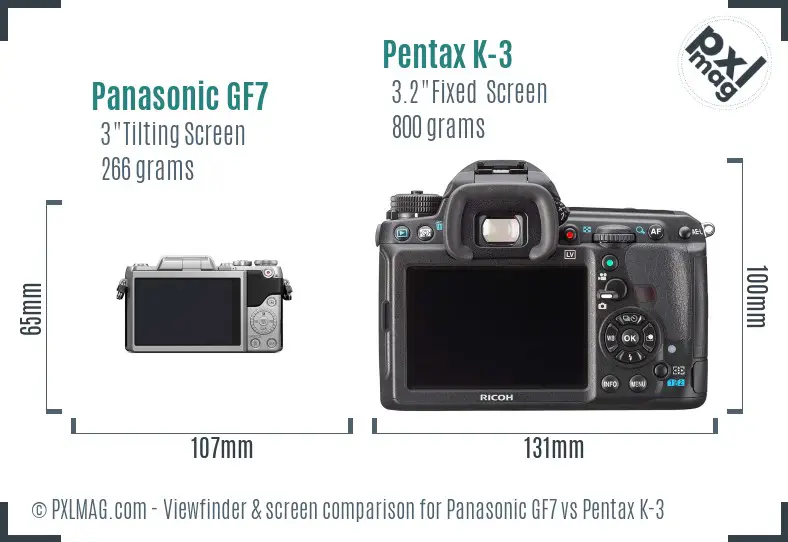 Panasonic GF7 vs Pentax K-3 Screen and Viewfinder comparison