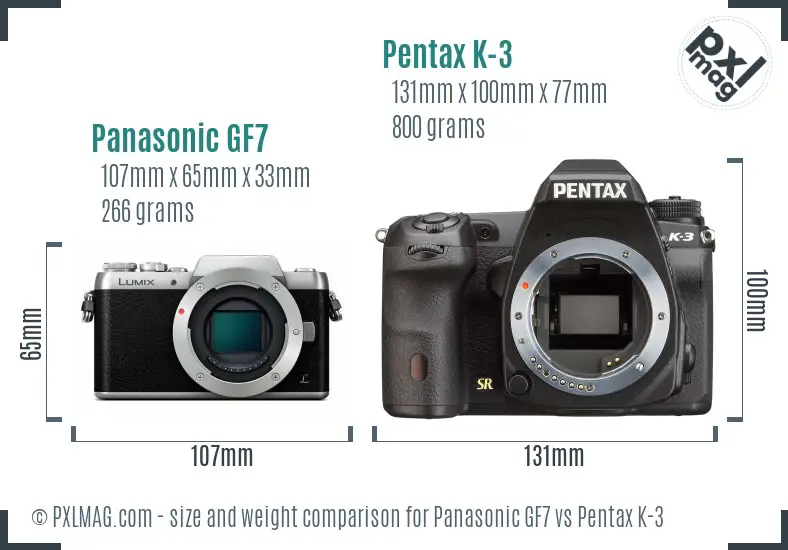 Panasonic GF7 vs Pentax K-3 size comparison