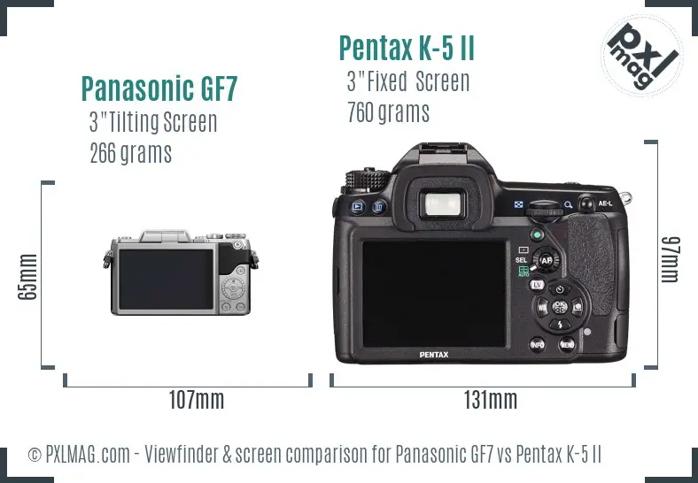 Panasonic GF7 vs Pentax K-5 II Screen and Viewfinder comparison