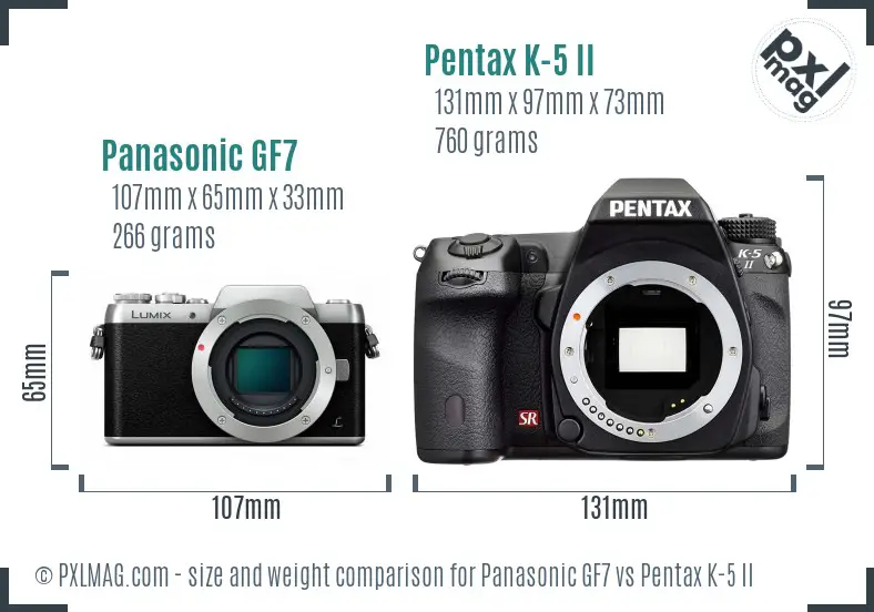 Panasonic GF7 vs Pentax K-5 II size comparison