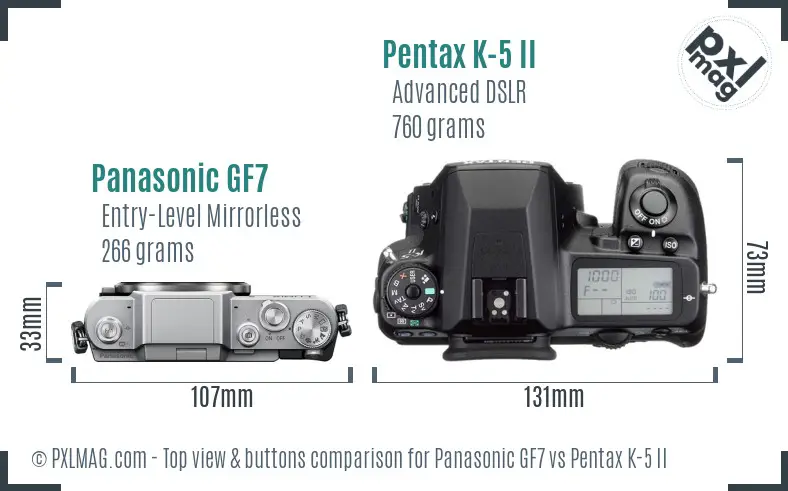 Panasonic GF7 vs Pentax K-5 II top view buttons comparison