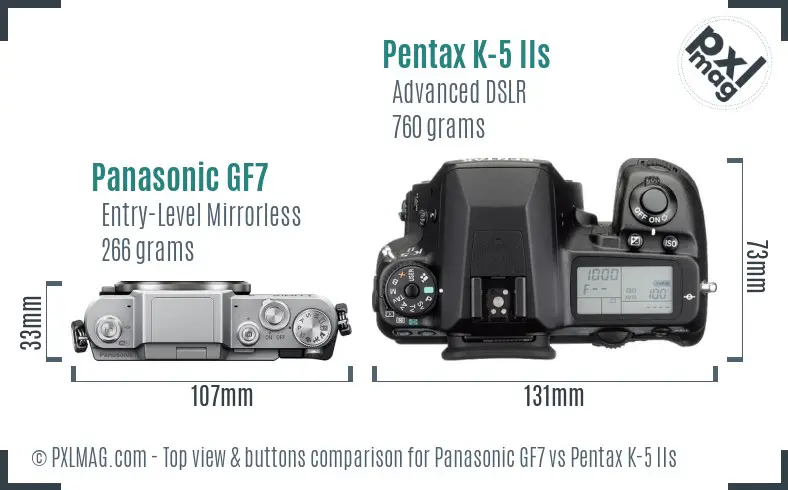 Panasonic GF7 vs Pentax K-5 IIs top view buttons comparison