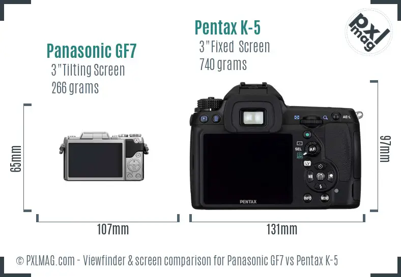 Panasonic GF7 vs Pentax K-5 Screen and Viewfinder comparison