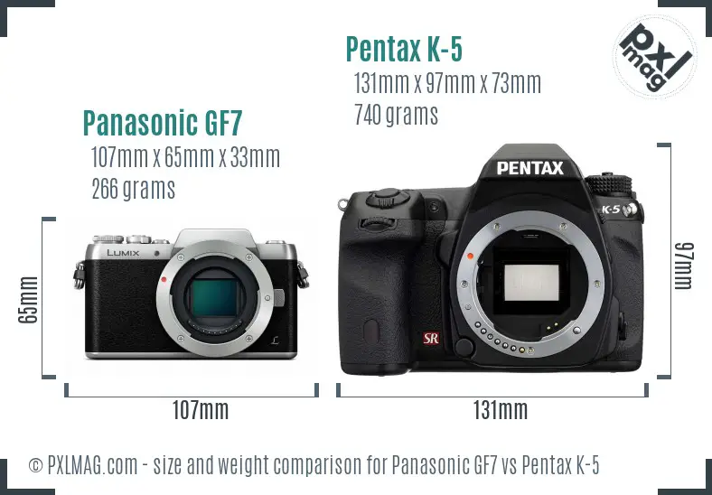 Panasonic GF7 vs Pentax K-5 size comparison